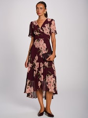 Jolie Moi Red Angel Sleeve Pleated Chiffon Maxi Dress - Image 4 of 6