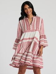 South Beach Pink 100% Cotton Jacquard Tiered Mini Dress - Image 1 of 6