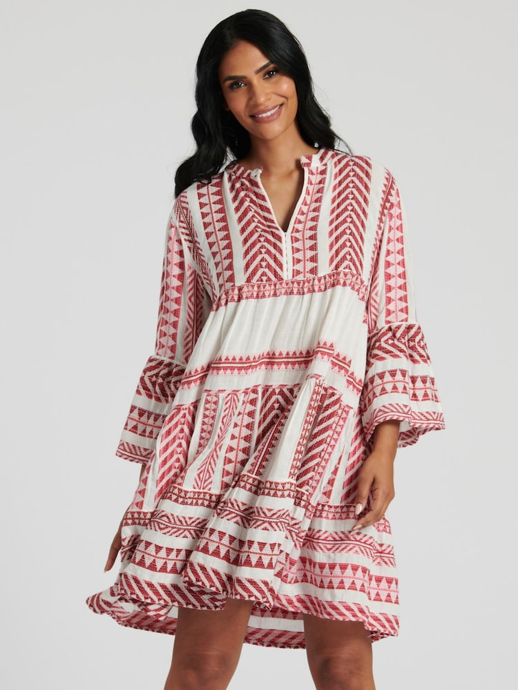 South Beach Pink 100% Cotton Jacquard Tiered Mini Dress - Image 1 of 6