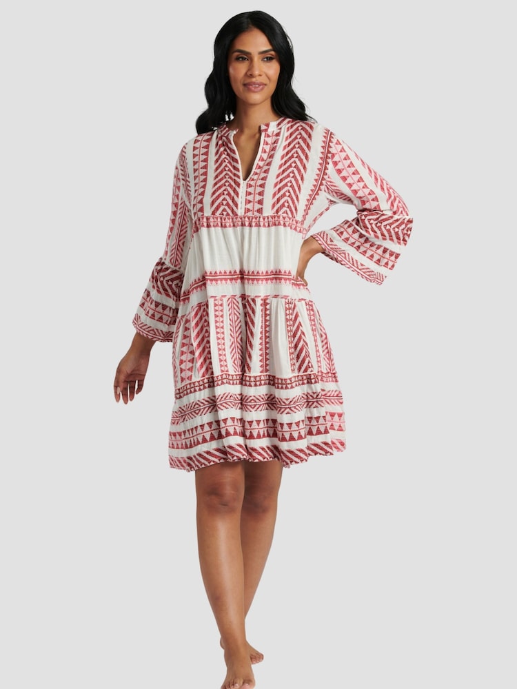 South Beach Pink 100% Cotton Jacquard Tiered Mini Dress - Image 6 of 6
