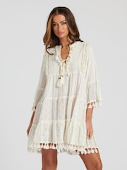 South Beach White 100% Cotton Trim Detail Tiered Mini Dress - Image 1 of 5