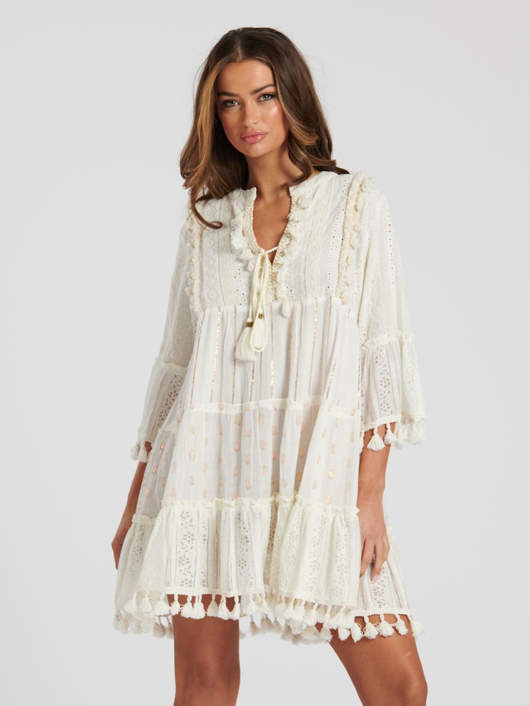 South Beach White 100% Cotton Trim Detail Tiered Mini Dress - Image 1 of 5