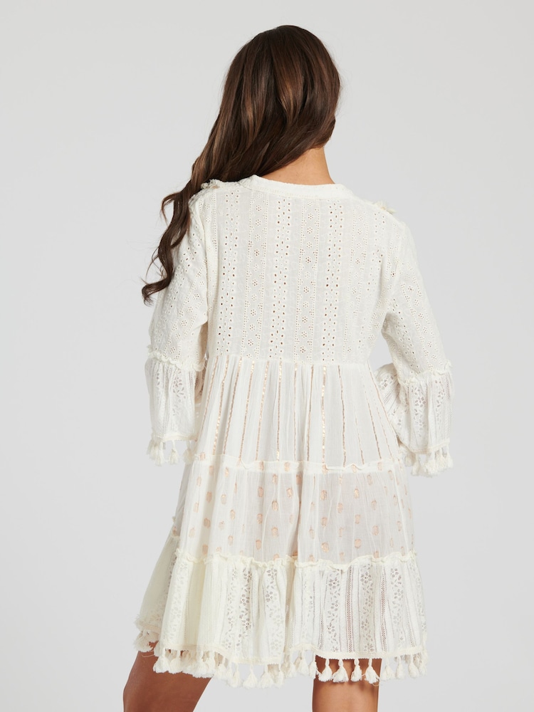 South Beach White 100% Cotton Trim Detail Tiered Mini Dress - Image 2 of 5