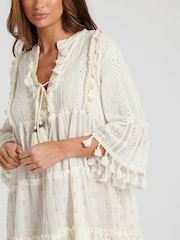 South Beach White 100% Cotton Trim Detail Tiered Mini Dress - Image 3 of 5