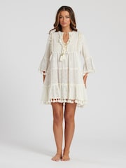 South Beach White 100% Cotton Trim Detail Tiered Mini Dress - Image 4 of 5
