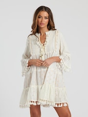 South Beach White 100% Cotton Trim Detail Tiered Mini Dress - Image 5 of 5