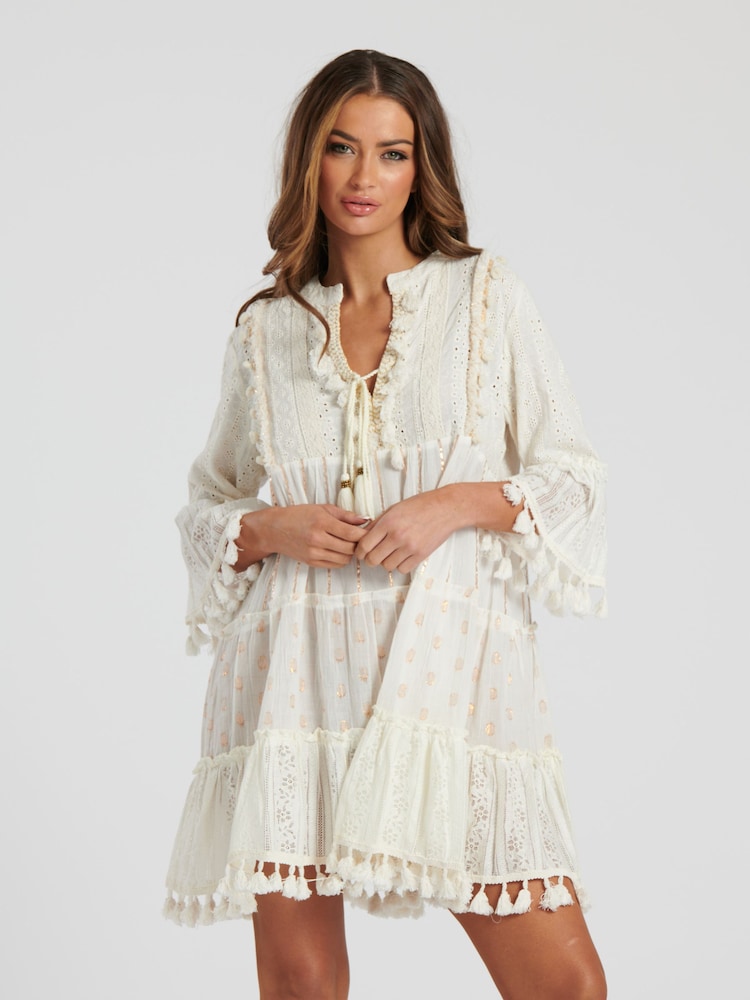 South Beach White 100% Cotton Trim Detail Tiered Mini Dress - Image 5 of 5