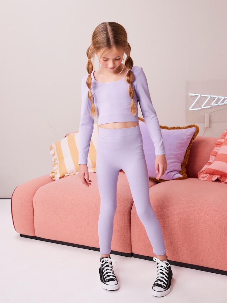 Lilac Purple Ribbed Stretch Top & Leggings Set (7-16yrs) - Image 1 of 8