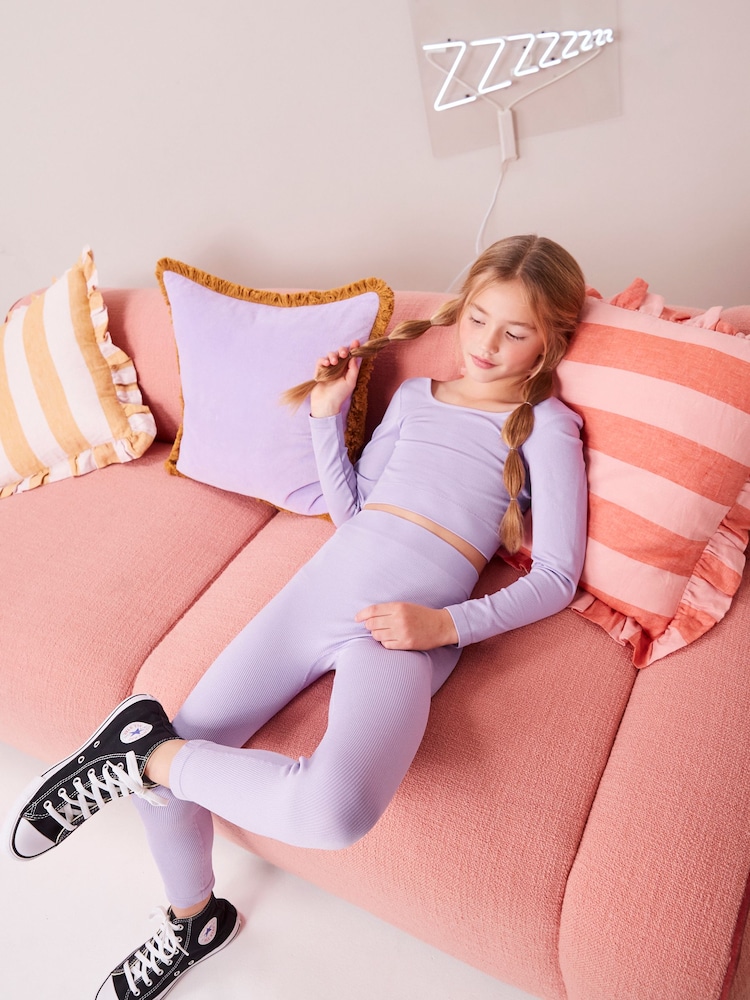 Lilac Purple Ribbed Stretch Top & Leggings Set (7-16yrs) - Image 2 of 8