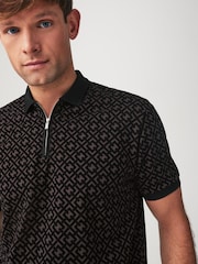 Black Chain Flocked Quarter Zip 100% Cotton Polo Shirt - Image 1 of 7