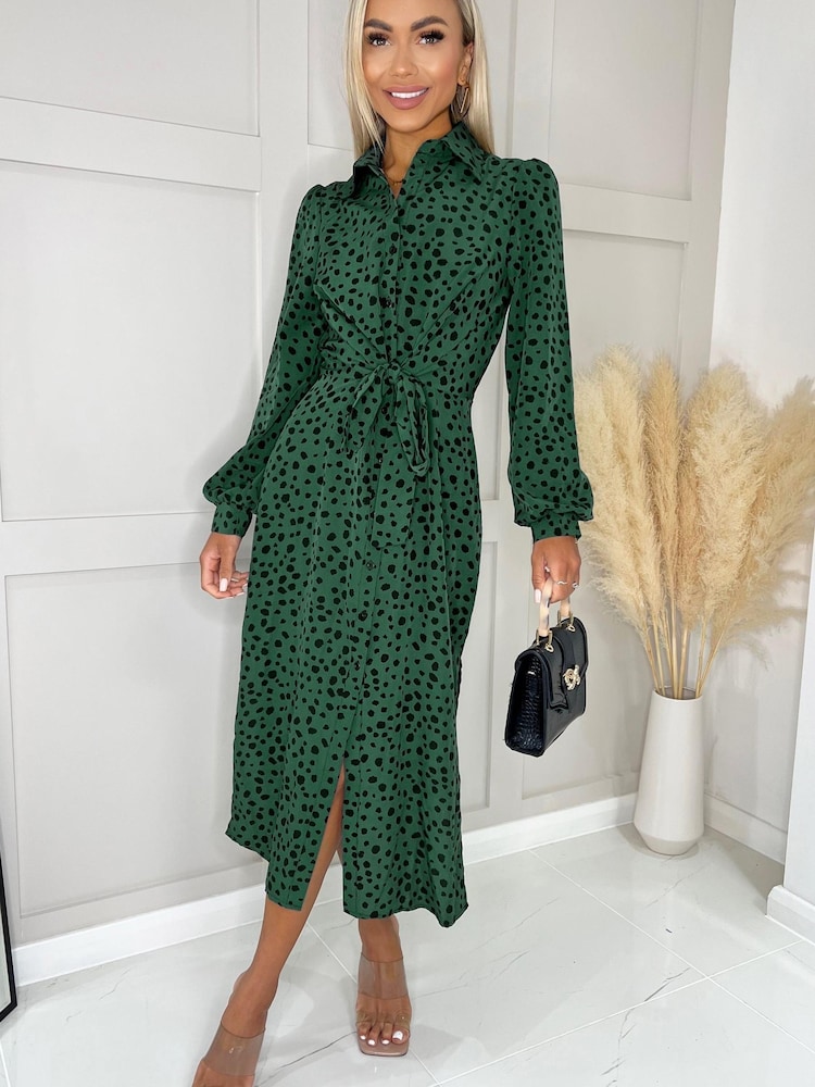 AX Paris Teal Green Printed Tie Waist Button Front Shirt Midi Dress - Image 1 of 4