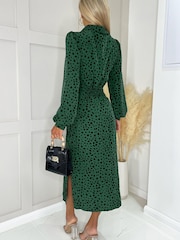 AX Paris Teal Green Printed Tie Waist Button Front Shirt Midi Dress - Image 2 of 4
