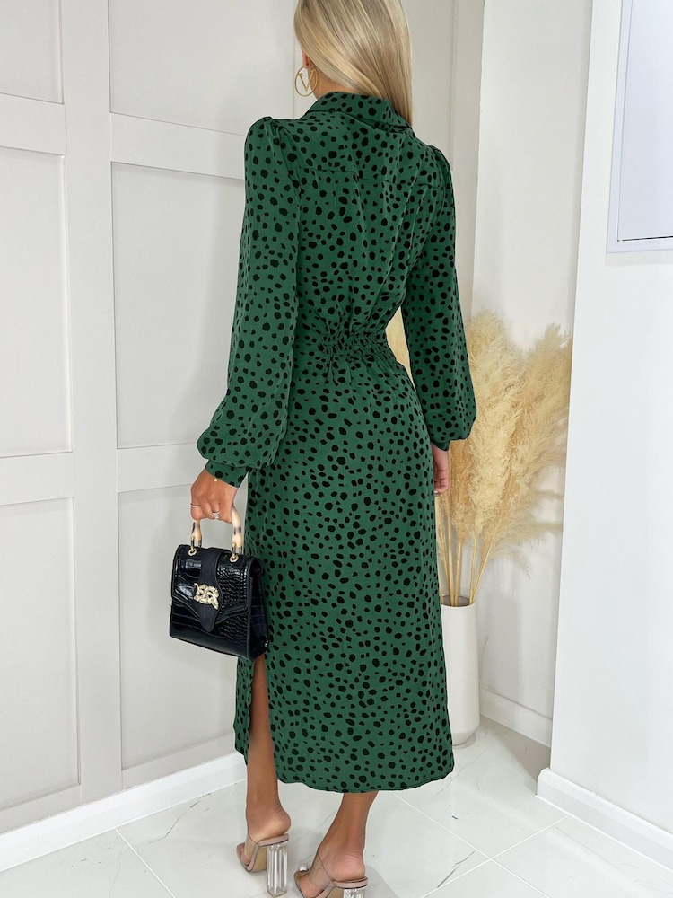 AX Paris Teal Green Printed Tie Waist Button Front Shirt Midi Dress - Image 2 of 4