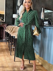AX Paris Teal Green Printed Tie Waist Button Front Shirt Midi Dress - Image 3 of 4