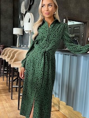 AX Paris Teal Green Printed Tie Waist Button Front Shirt Midi Dress - Image 4 of 4