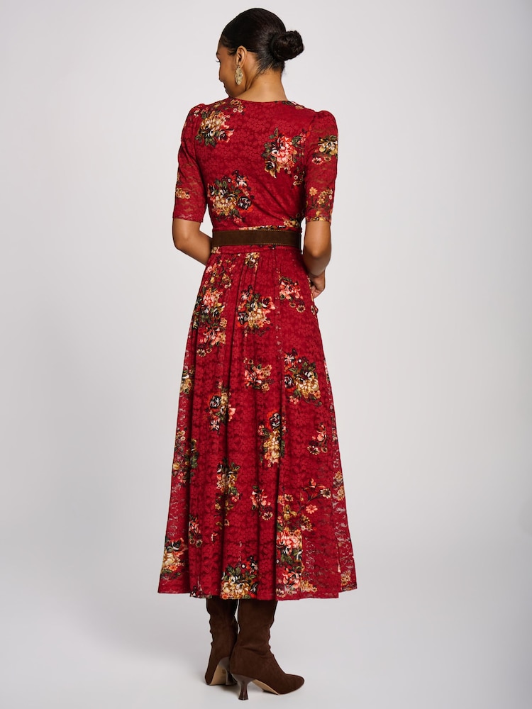 Jolie Moi Red Half Sleeve Print Lace Maxi Dress - Image 2 of 6