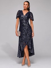 Jolie Moi Blue Sequin Ruffle Hem Maxi Dress - Image 1 of 6