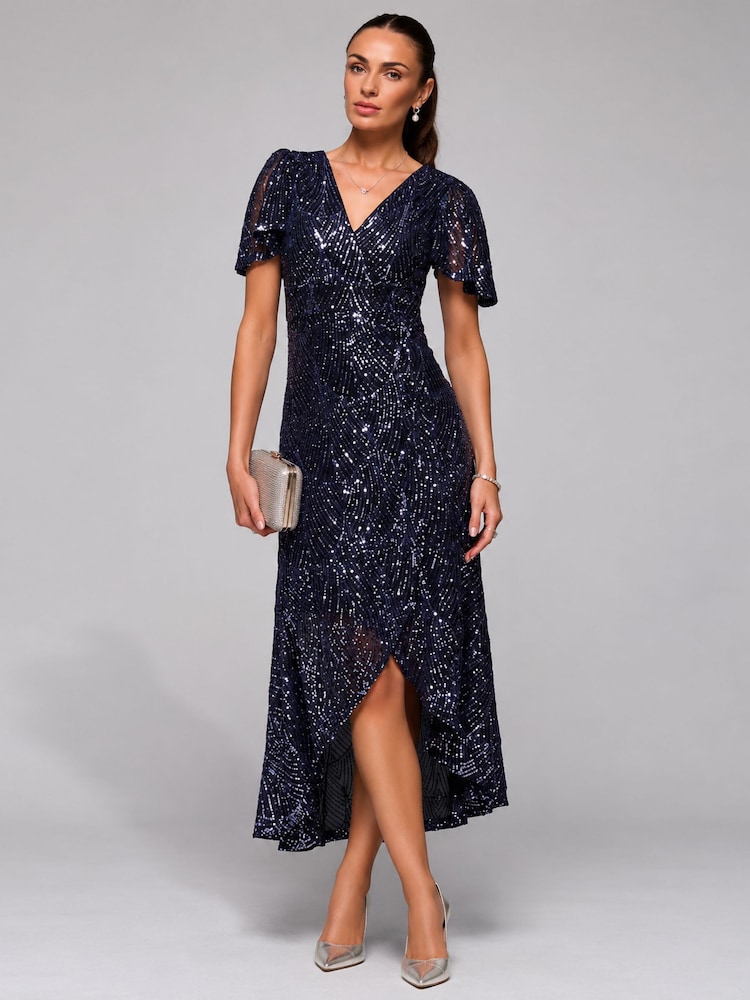 Jolie Moi Blue Sequin Ruffle Hem Maxi Dress - Image 1 of 6 Jolie Moi Blue Sequin Ruffle Hem Maxi Dress - Image 1 of 6