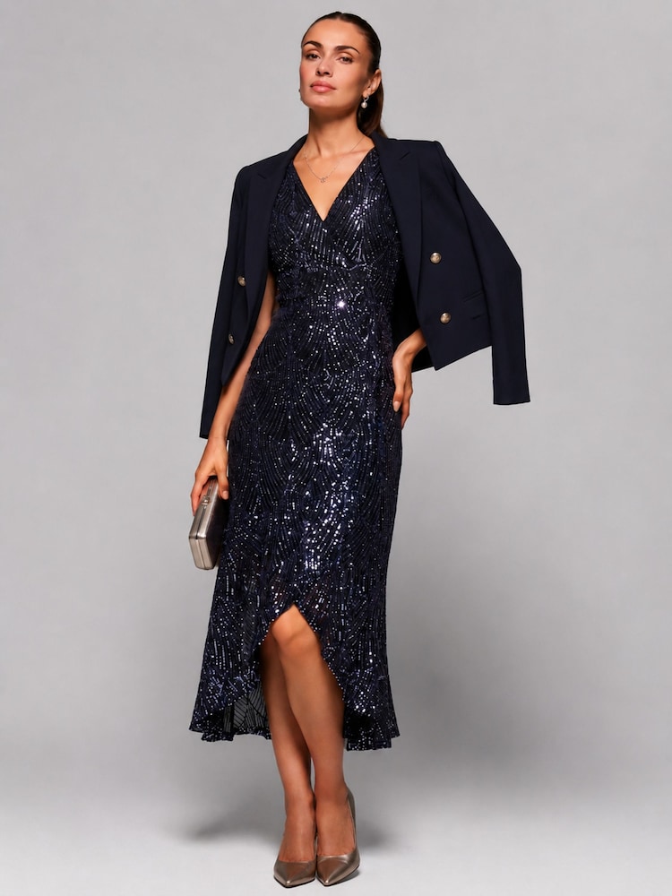 Jolie Moi Blue Sequin Ruffle Hem Maxi Dress - Image 6 of 6 Jolie Moi Blue Sequin Ruffle Hem Maxi Dress - Image 6 of 6