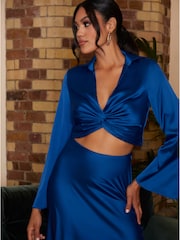 Chi Chi London Blue Long Sleeve Satin Twist Detail Top - Image 3 of 4