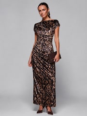 Jolie Moi Brown Velvet Draped Maxi Dress - Image 1 of 6