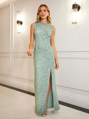 Sistaglam Green Embellished Maxi Dress With Mesh Panel Detail - Image 3 of 6