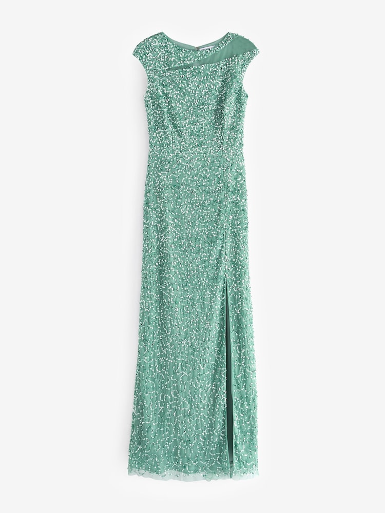 Sistaglam Green Embellished Maxi Dress With Mesh Panel Detail - Image 6 of 6