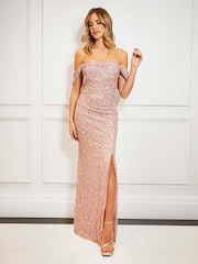 Sistaglam Pink Bardot Embellished Maxi Dress With Front Split - Image 1 of 4