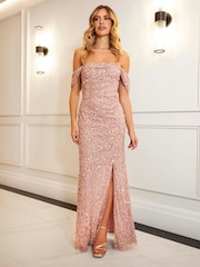 Sistaglam Pink Bardot Embellished Maxi Dress With Front Split - Image 3 of 4