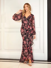 Sistaglam Black Maxi Floral Sleeve Chiffon Dress With Frill Hem - Image 1 of 4