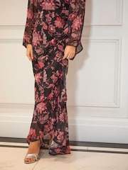Sistaglam Black Maxi Floral Sleeve Chiffon Dress With Frill Hem - Image 4 of 4