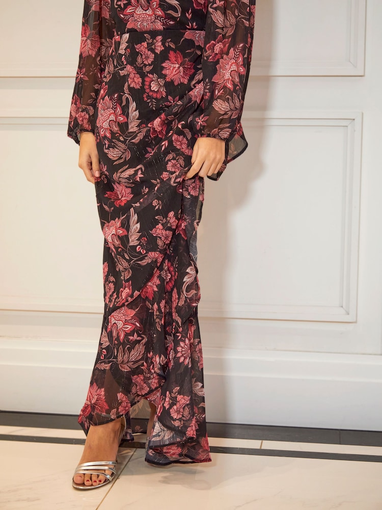 Sistaglam Black Maxi Floral Sleeve Chiffon Dress With Frill Hem - Image 4 of 4