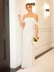 Sistaglam White Bardot Embellished Bridal Fishtail Maxi Dress - Image 1 of 5