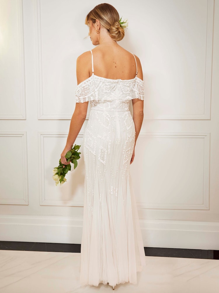 Sistaglam White Bardot Embellished Bridal Fishtail Maxi Dress - Image 2 of 5