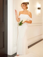 Sistaglam White Bardot Embellished Bridal Fishtail Maxi Dress - Image 3 of 5