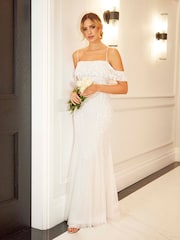 Sistaglam White Bardot Embellished Bridal Fishtail Maxi Dress - Image 4 of 5