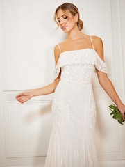 Sistaglam White Bardot Embellished Bridal Fishtail Maxi Dress - Image 5 of 5