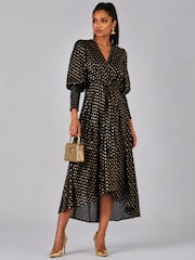 Jolie Moi Black Puff Sleeve Metalic Spot Print Dip Hem Maxi Dress - Image 1 of 6