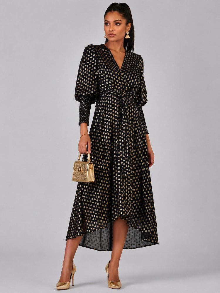 Jolie Moi Black Puff Sleeve Metalic Spot Print Dip Hem Maxi Dress - Image 1 of 6 Jolie Moi Black Puff Sleeve Metalic Spot Print Dip Hem Maxi Dress - Image 1 of 6