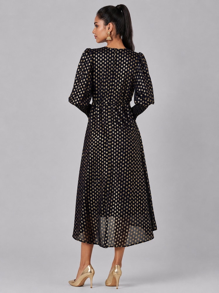 Jolie Moi Black Puff Sleeve Metalic Spot Print Dip Hem Maxi Dress - Image 2 of 6 Jolie Moi Black Puff Sleeve Metalic Spot Print Dip Hem Maxi Dress - Image 2 of 6