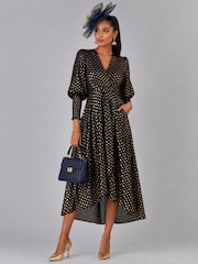 Jolie Moi Black Puff Sleeve Metalic Spot Print Dip Hem Maxi Dress - Image 4 of 6