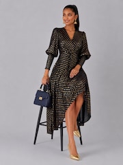 Jolie Moi Black Puff Sleeve Metalic Spot Print Dip Hem Maxi Dress - Image 5 of 6