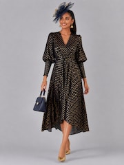 Jolie Moi Black Puff Sleeve Metalic Spot Print Dip Hem Maxi Dress - Image 6 of 6