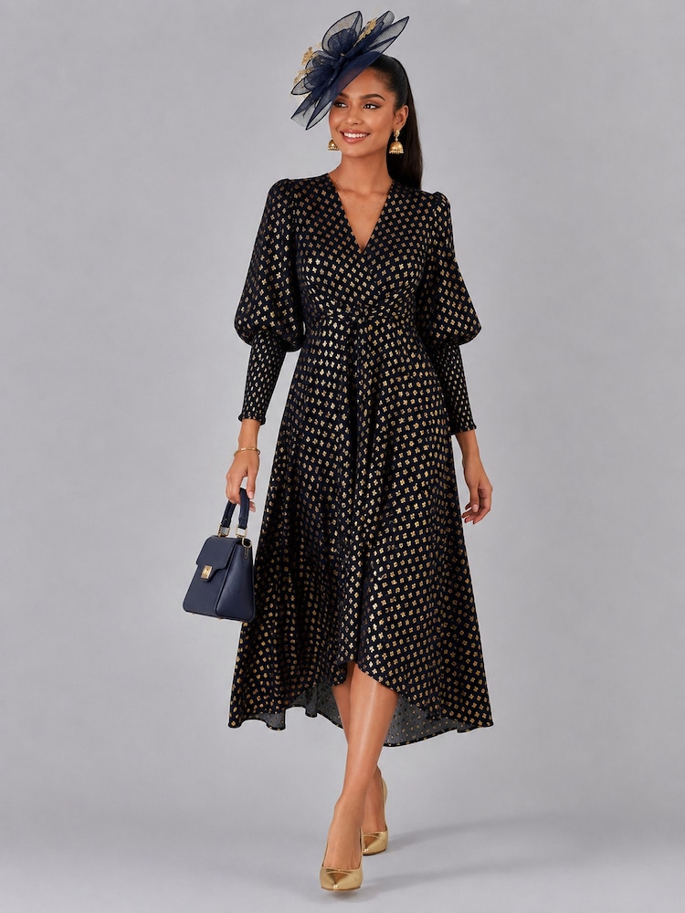 Jolie Moi Black Puff Sleeve Metalic Spot Print Dip Hem Maxi Dress - Image 6 of 6 Jolie Moi Black Puff Sleeve Metalic Spot Print Dip Hem Maxi Dress - Image 6 of 6