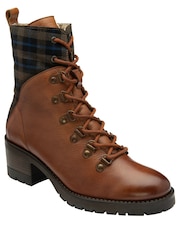 Lotus Brown Leather & Check-Print Zip-Up Ankle Boots - Image 1 of 4