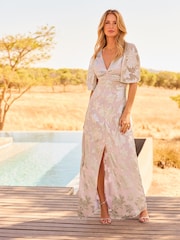Friends Like These Pink Flutter Cape Sleeve V Neck Maxi Dress - Image 1 of 4