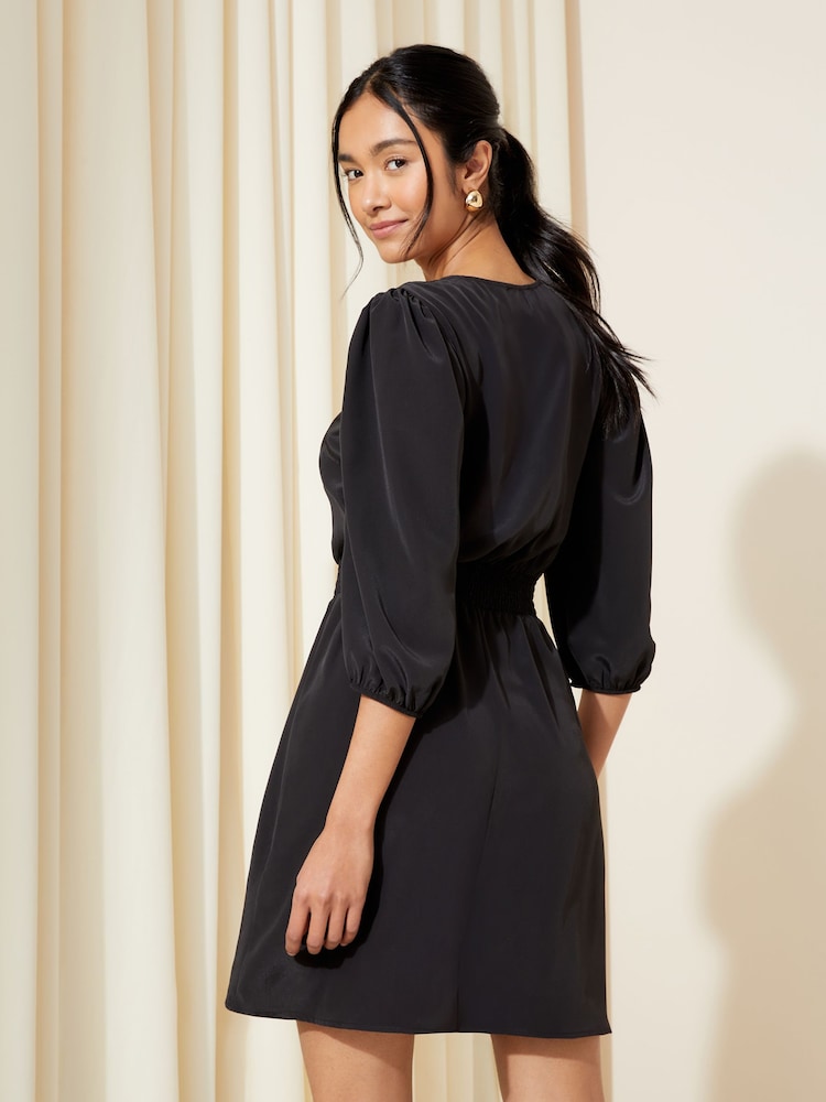 Friends Like These Black Shirred Waist 3/4 Sleeve Mini Dress - Image 2 of 4 Friends Like These Black Shirred Waist 3/4 Sleeve Mini Dress - Image 2 of 4