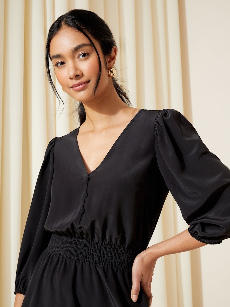 Friends Like These Black Shirred Waist 3/4 Sleeve Mini Dress - Image 4 of 4 Friends Like These Black Shirred Waist 3/4 Sleeve Mini Dress - Image 4 of 4