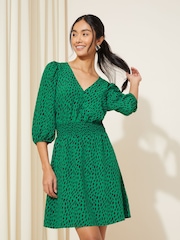 Friends Like These Green Shirred Waist 3/4 Sleeve Mini Dress - Image 1 of 4