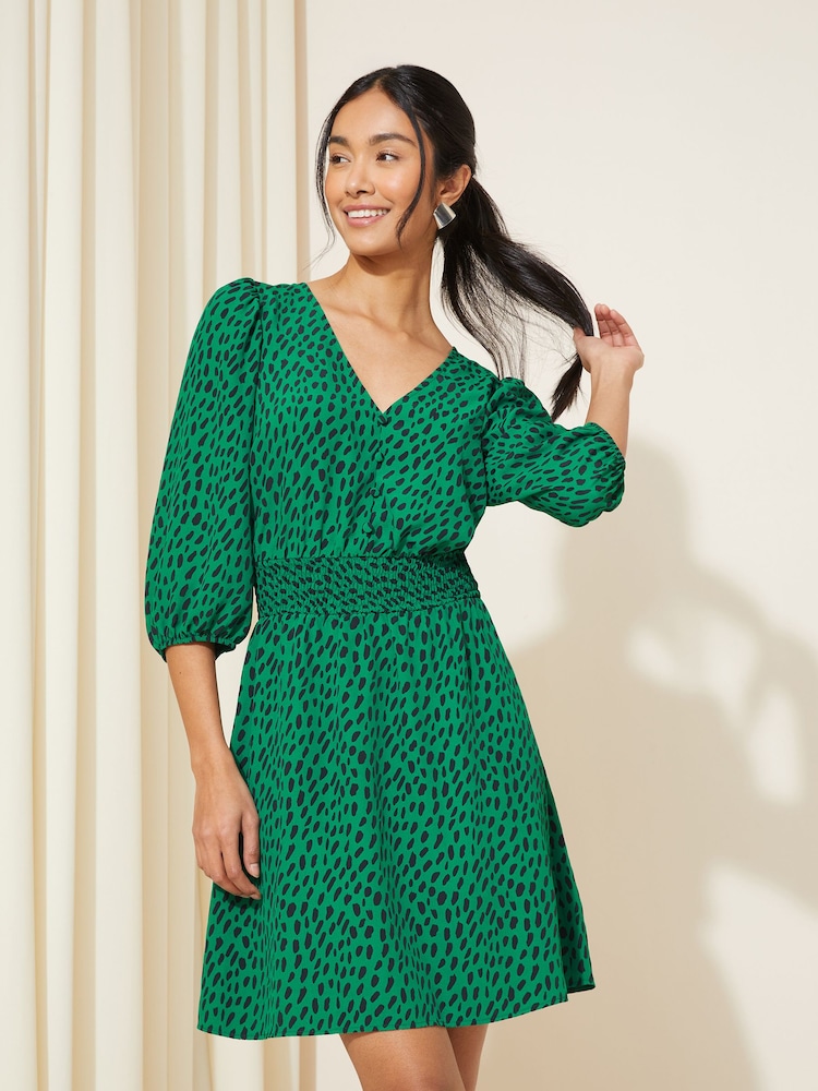 Friends Like These Green Shirred Waist 3/4 Sleeve Mini Dress - Image 1 of 4